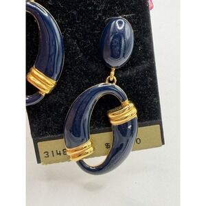 Vintage MONET Gold Plated & Navy Blue Enamel Large Dangle Drop Pierced Earrings